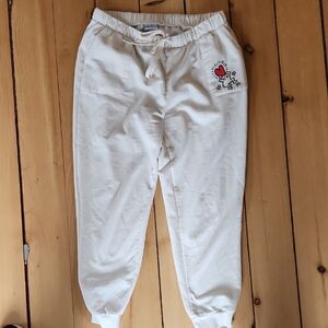 Cream Keith Haring Sweatpants with Heart Graphic Pocket